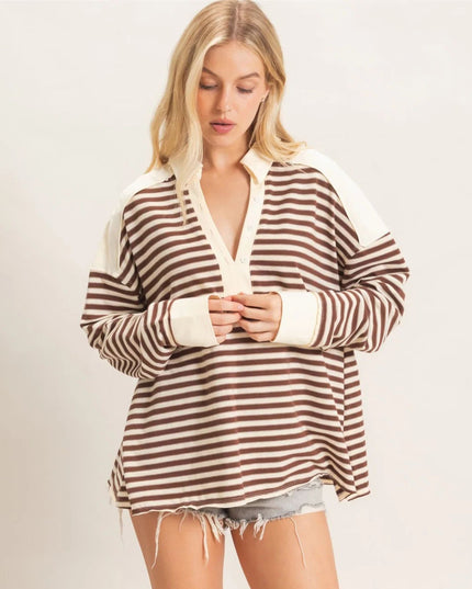 Striped Contrast Shoulders Collared Henley Sweatshirt