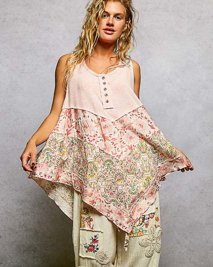 Round Neck Half Button Placket Floral V Shape Bottom Racerback Top