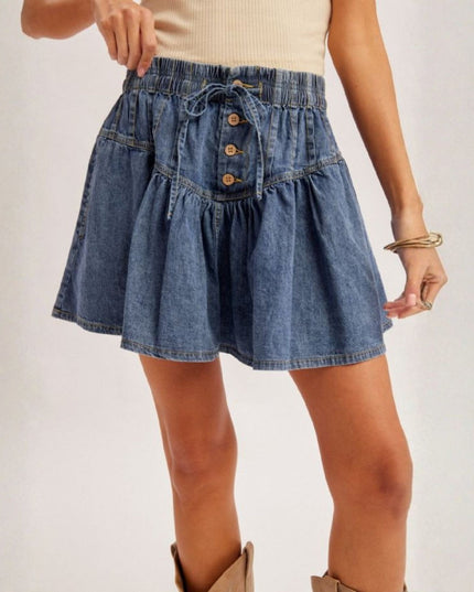 Pleated Yoke Elastic Tie Waist Denim Mini Skirt