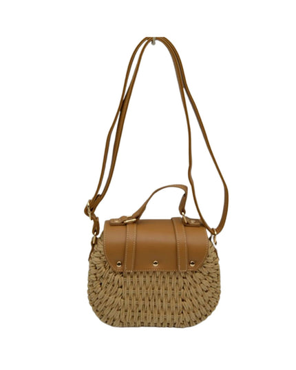 Square Double Buckle Vegan Leather Closure Straw Shoulder Bag
