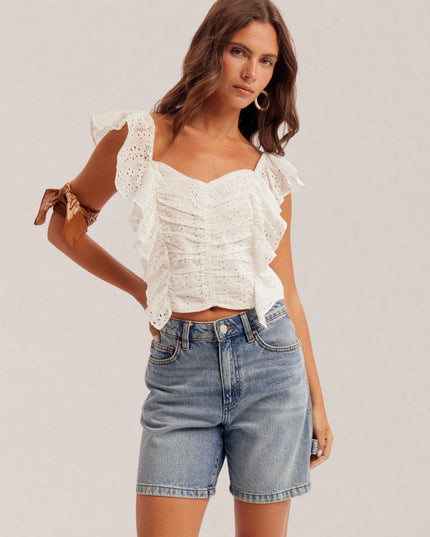 Eyelet Ruched Detail Ruffle Sleeveless Smock Back Sweatheart Crop Top