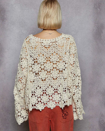 Boho Crochet Knit Scallop Hem Flare Long Sleeve Top