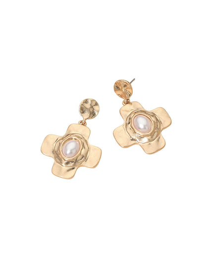 Oval Pearl Centered Cross Gold Metal Drop Dangle Earrings