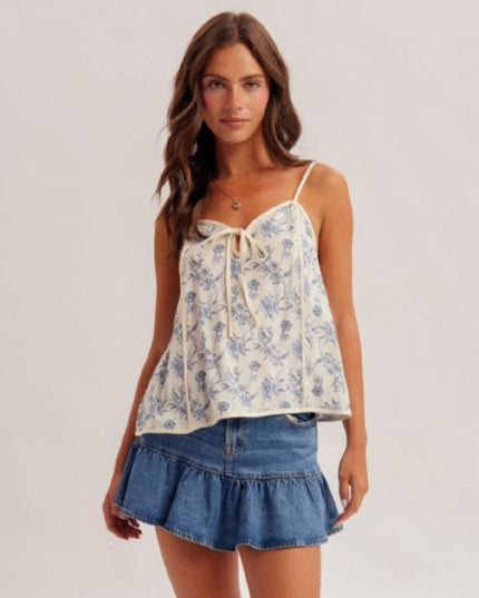 Floral Print Sweetheart Neckline Tie Front Cami Top