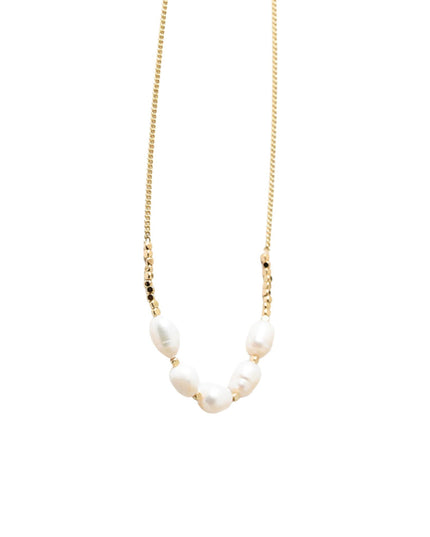 Metal Cube Bead 5 Oval Pearl Chain Necklace