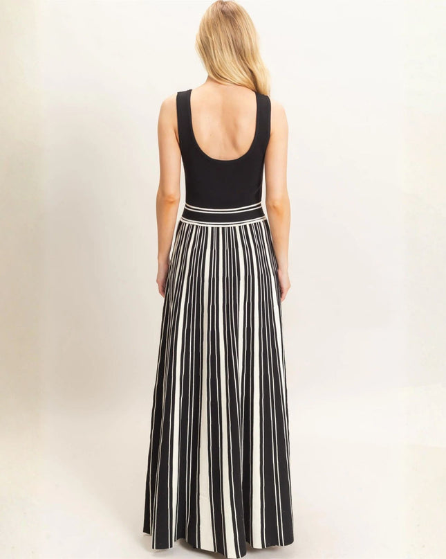 Tie Waist Striped Flowy Bottom Solid Scoop Neck Sleeveless Maxi Dress
