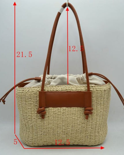 Rectangle Straw Cinch Cloth Interior Vegan Leather Strap Shoulder Bag