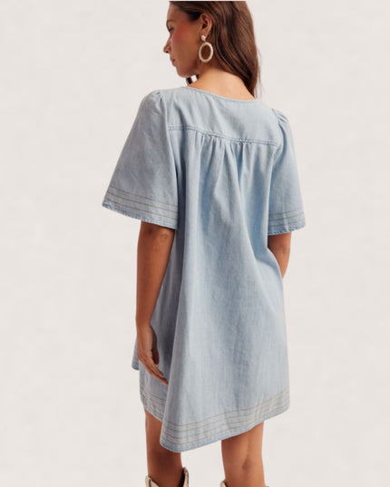 Triple Bow Short Sleeve Denim Shift Mini Dress