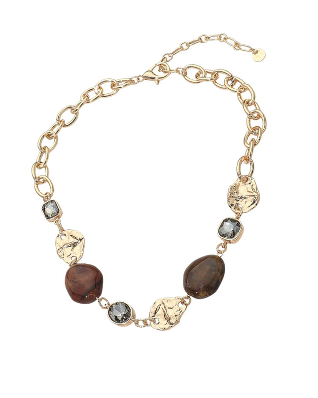 Marbled Resin Pebble Hammered Gold Metal Plate Stone Link Necklace