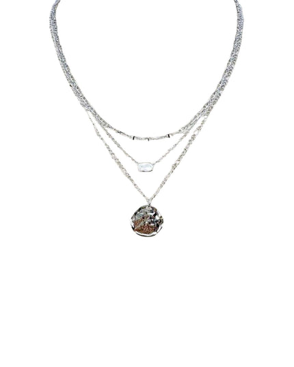 Hammered Disc Rectangle Bead Triple Layered Chain Necklace