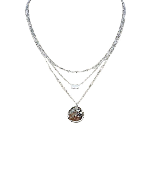 Hammered Disc Rectangle Bead Triple Layered Chain Necklace