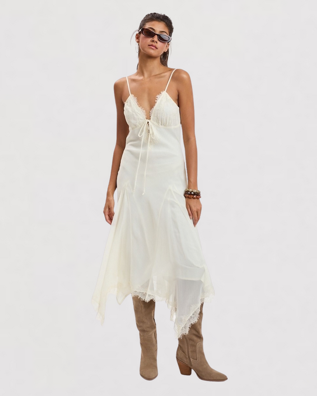 Sweetheart Lace Trim High-low Midi Dress