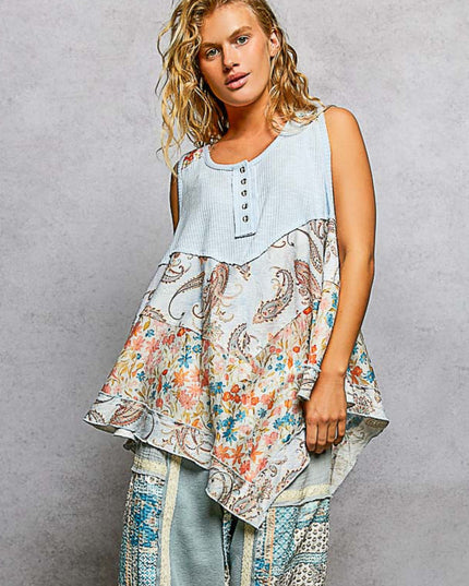 Round Neck Half Button Placket Floral V Shape Bottom Racerback Top