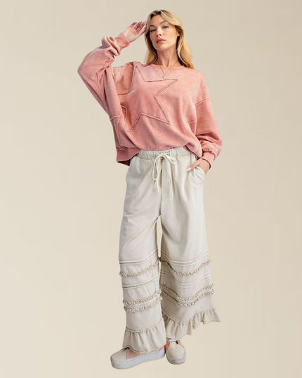 Tiered Ruffle Hem Elastic Drawstring Waist Wide Leg Pants