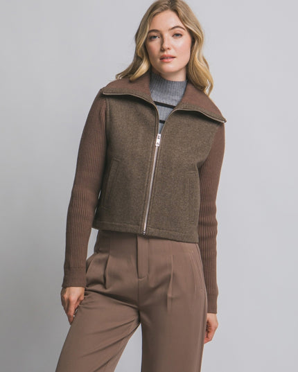 Ribbed Contrast Sleeve High Collar Zip Up Jacket