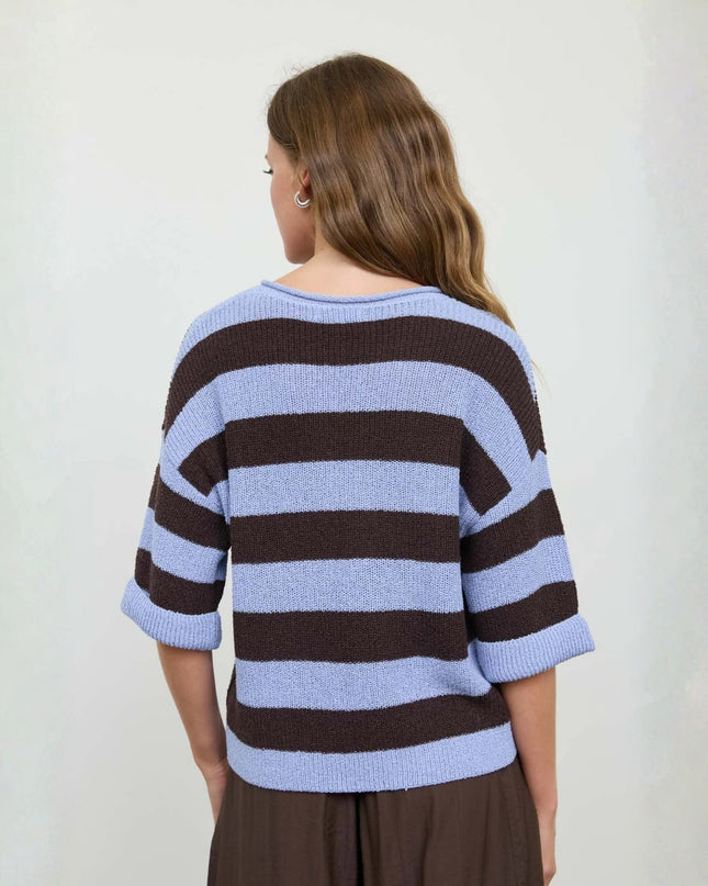 Wide Stripe Raw Split Neck Short Sleeve Sweater