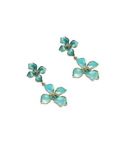 Enamel Double Flower Link Gold Metal Droplet Earrings
