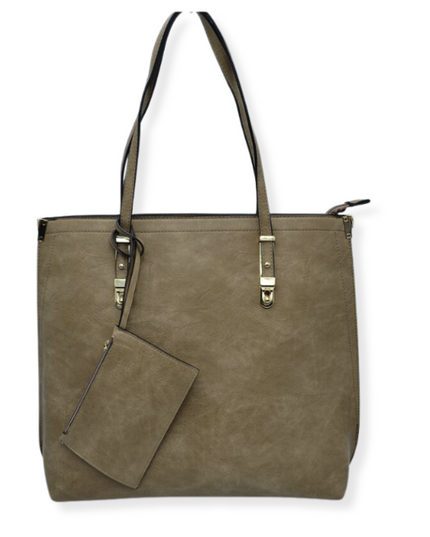 Large Tote With Gold Buckle Strap And Wristlet