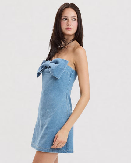 Bow Detail Denim Sleeveless Tube Mini Dress