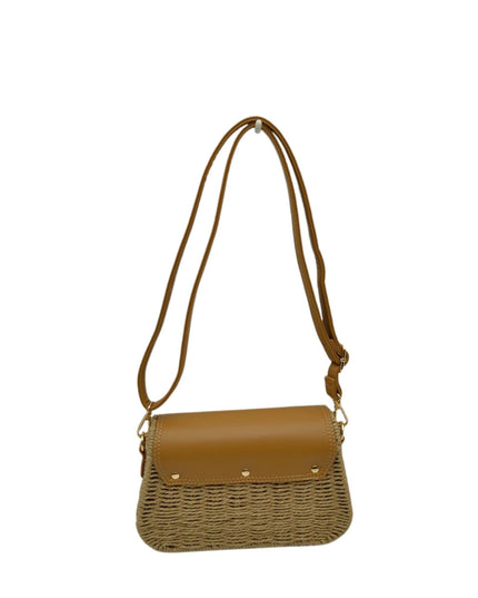 Belt Closure Leather & Structure Straw Crossbody Bag
