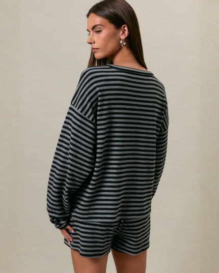 Long Sleeve Round Neck Striped Button Up Top