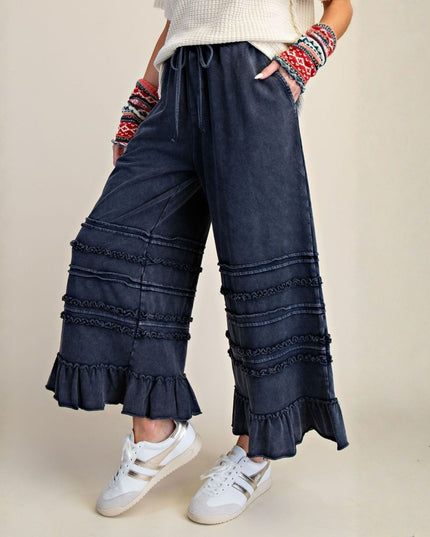 Tiered Ruffle Hem Elastic Drawstring Waist Wide Leg Pants