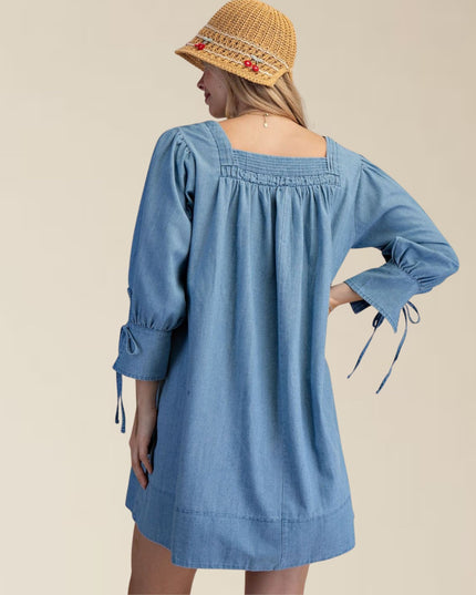 Square Neck 3/4 Tie Sleeve Side Pockets Denim Mini Dress