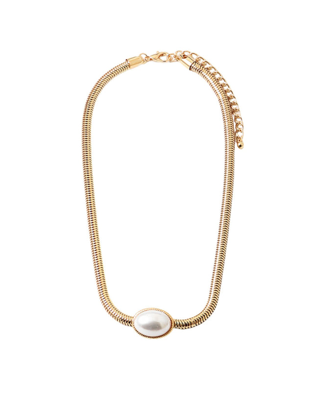 Oval Bezel Pearl Omega Chain Choker Necklace