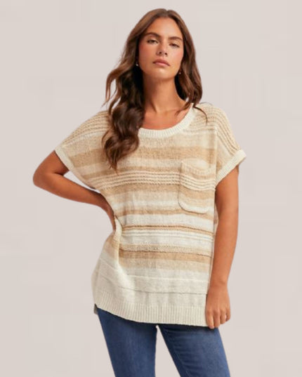 Striped Short Sleeve Tunic Sweater