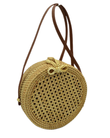 Dark Strap Bow Woven Round Rattan Bag