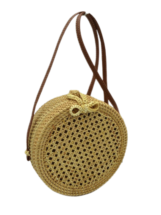Dark Strap Bow Woven Round Rattan Bag