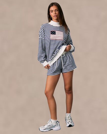 Elastic Tie Waist Striped Mid Rise Shorts