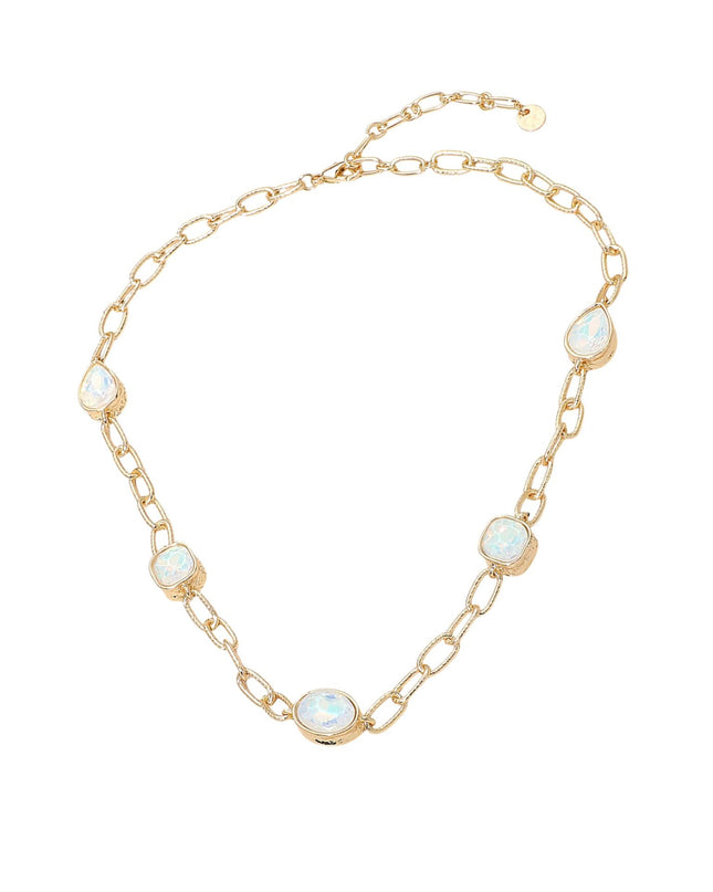 Oval Teardrop Square Stone Bezel Link Gold Metal Necklace