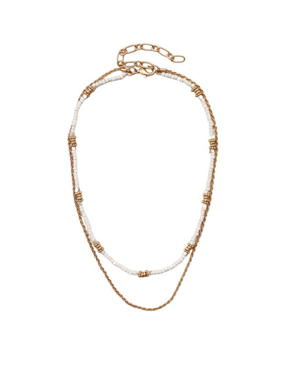 Wood Beaded Spaced Gold bead Twisted Metal Chain Double Layered Necklace