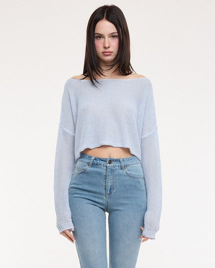Open Knit Cropped Boat Neck Sweater