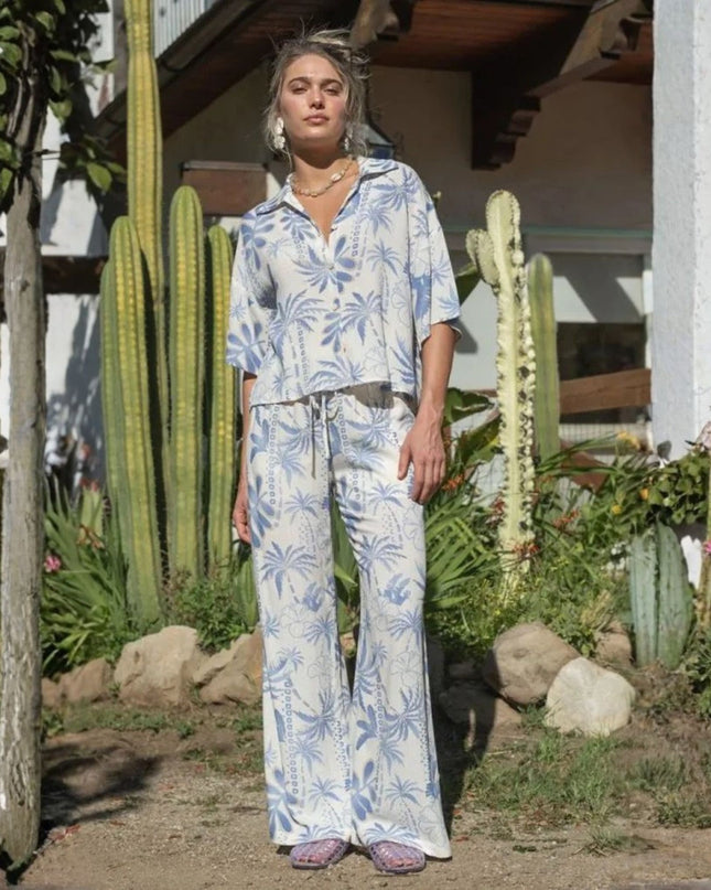 Elastic Waist Palm Tree Printed Drawstring Pants
