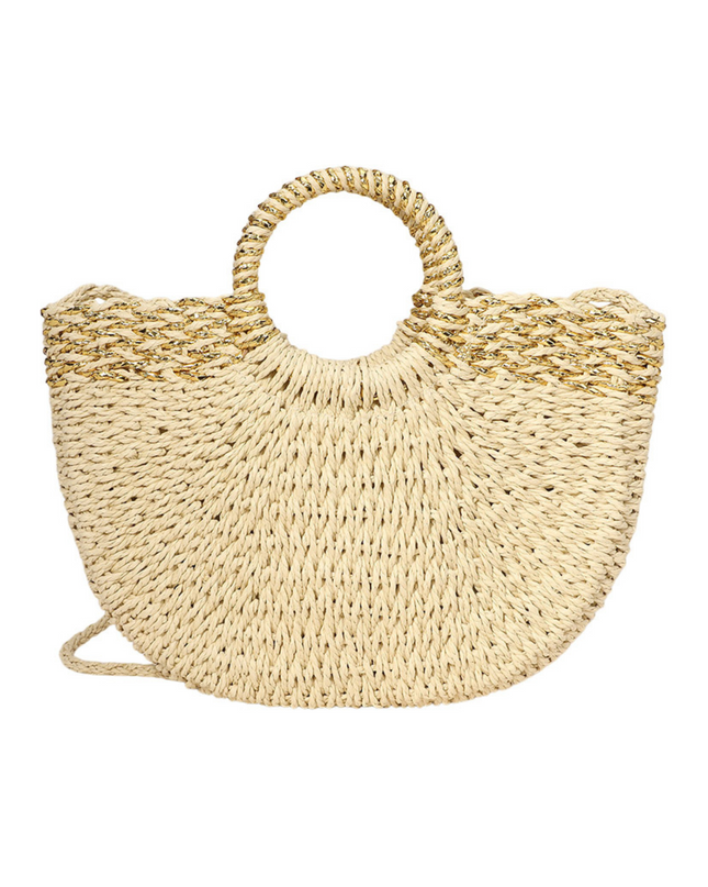 Gold Detail Weave Round Handle Straw Handbag Crossbody Bag