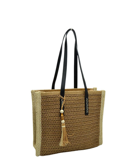Beaded Tassel Straw Tote Bag