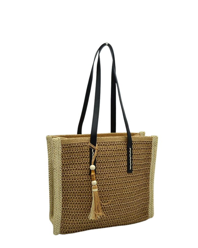 Beaded Tassel Straw Tote Bag