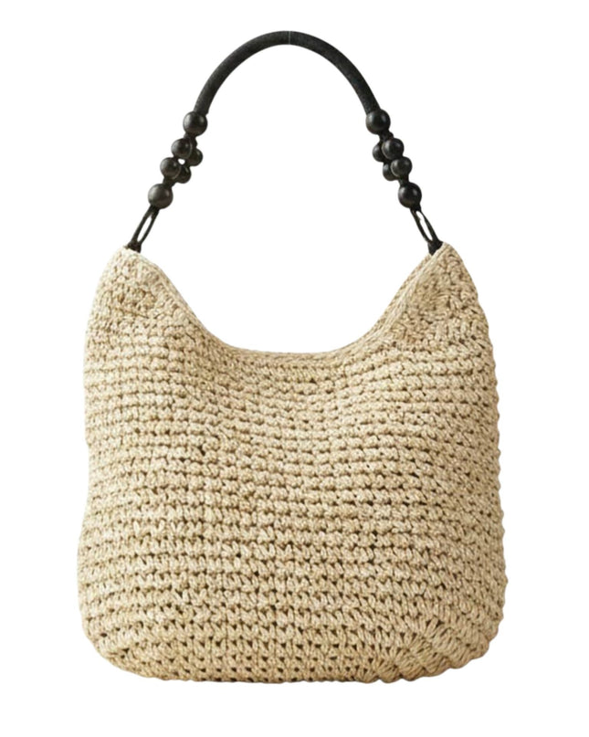 Beaded Handle Raffia Woven Shoulder Tote Bag