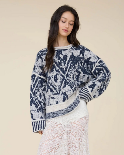Heathered Geometric Print Raw Edge Sweater