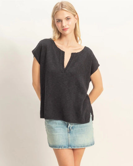 Notched V Neck Short Sleeve Top