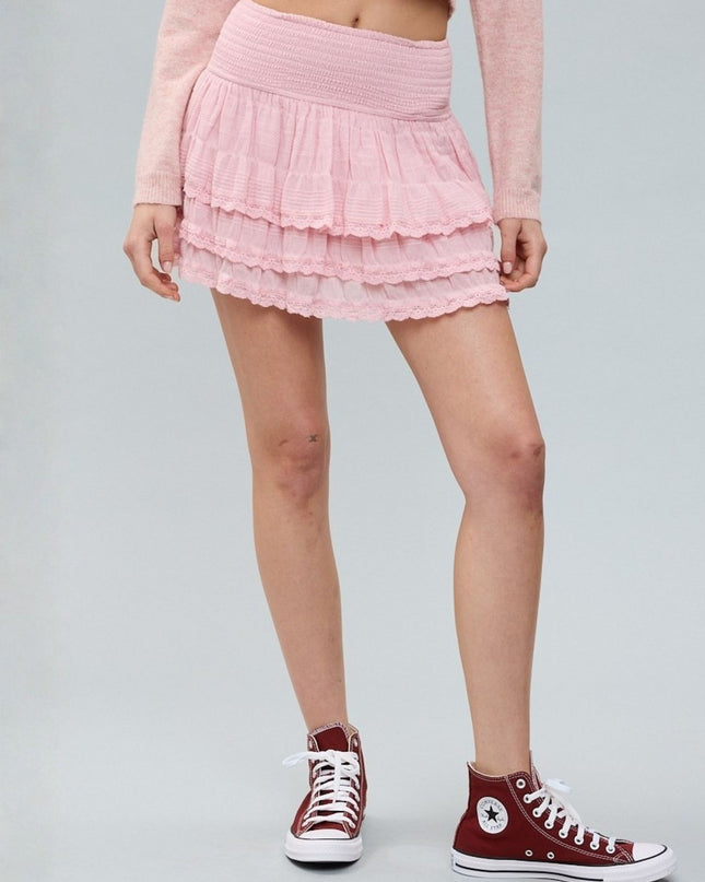 Stripe Print Smocked Triple Tiered lace Mini Skirt