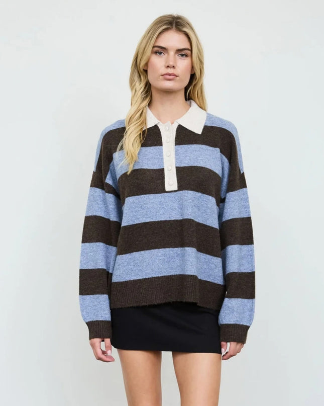 Heathered Wide Stripe Polo Collar Sweater