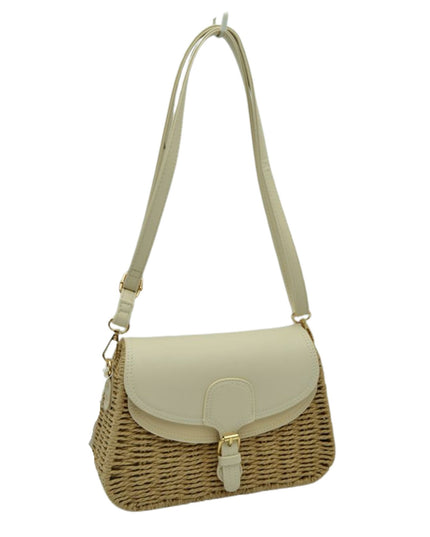 Belt Closure Leather & Structure Straw Crossbody Bag