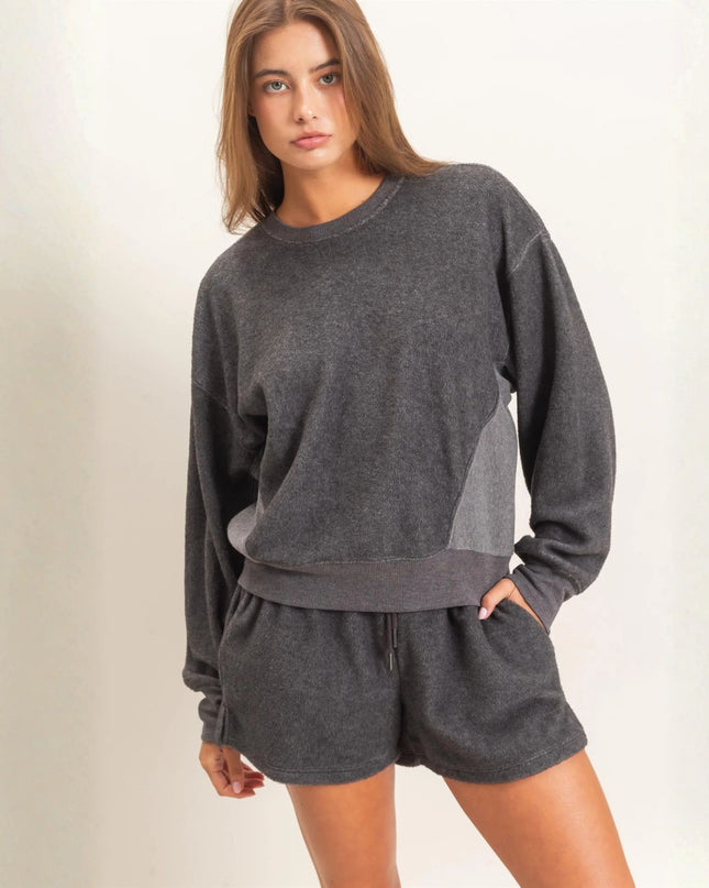 Contrast Side Panel Soft Cozy Crew Sweatshirt