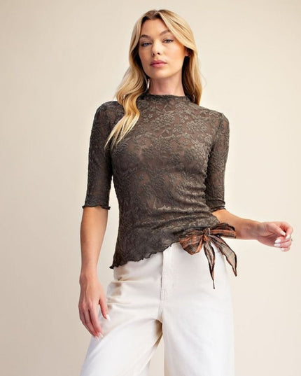 Textured Lace Half Sleeve Fitted Top