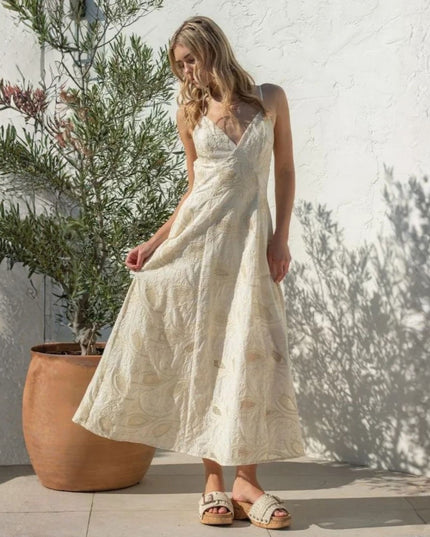 Embroidery Thin Strap Tie Back Maxi Dress
