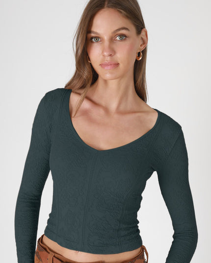 Lace Textured V Neck Long Sleeve Top