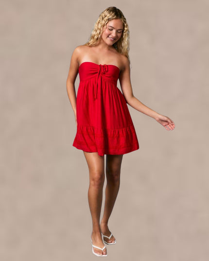 Lace Trim Strapless Babydoll Mini Dress